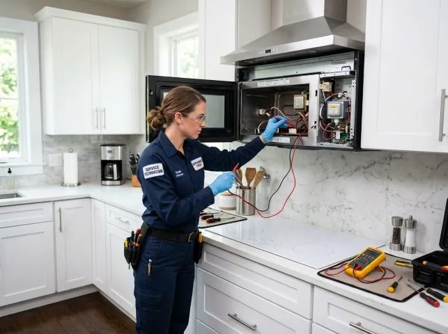 Appliance Repair Hero technician testing an over-the-range microwave in a Albion, IA kitchen